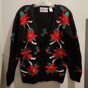 Vintage 80s Hand Knit Christmas Sweater - Poinsetta Mistletoe With Shoulder Pads